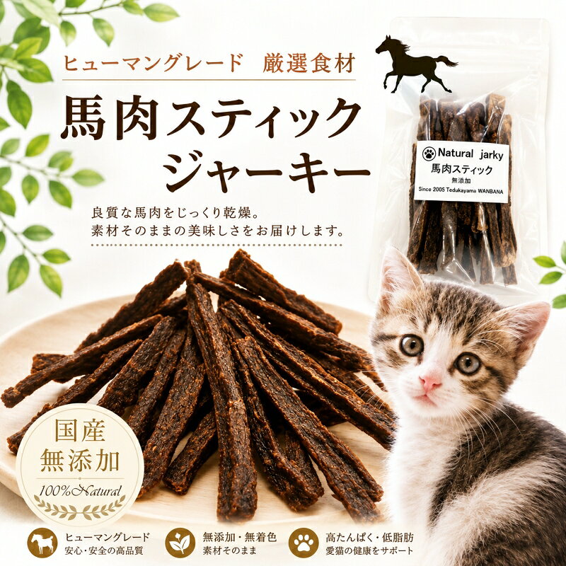 猫用のおやつ 馬肉スティックジャーキー 40g 無添加 栄養満点で上質な馬肉100％使用 馬肉の旨味をぎゅっと凝縮！低カロリー高タンパク! ポキっと折れる 鉄分たっぷりのパピーからシニアねこちゃんまでオススメ 創業21年安心と実績ワンバナ