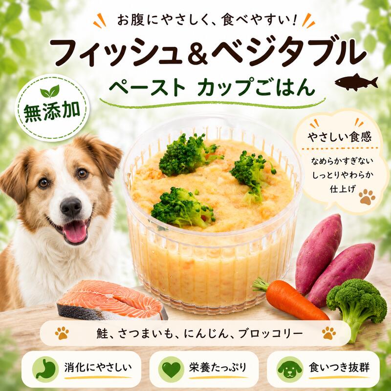 WANBANAのごはん・健康サポート 愛犬にぴったりの商品をカテゴリからお選びいただけます ほかのデリカはこちら >> 栄養満点 無添加ごはんはこちら >> プラスオンで健康サポート >> 毎日のごはんをおいしく、楽しく。 愛犬の健康な毎日をWANBANAがサポートします。 商品情報原材料 ペースト状フィッシュ＆ベジタブル内容量・・・80g／ 87kcal原材料・・・鮭,さつまいも,かぼちゃ、人参,ブロッコリー 原産国日本賞味期限要冷凍保存　製造日より6か月間解凍後は冷蔵庫で保存し2日以内にお召し上がりください。解凍方法自然解凍・・・室温2時間電子レンジ・・・蓋を取って頂き、解凍モードで約2分間配送方法クール冷凍便犬猫用カップごはん ペースト状フィッシュ＆ベジタブル あす楽出荷OK！パピーからシニアまで大喜び！カンタン解凍レンチンOK！ごちそう国産無添加低カロリーでおやつにも わんちゃんも飼い主様も食べっぷりが楽しい！プレゼントやパーティー ペースト状フィッシュ＆ベジタブルは介護食や離乳食など流動食にオススメ わんちゃんも【おいしそう】に食べてくれます。オールステージ対応のウェットごはんです。12時までにご注文で即日出荷可能!! 人気のデリカテッセンシリーズのペーストタイプです "私たちは、自分たちの愛犬・愛猫に与えることができるものを開発・販売しております。帝塚山WANBANAで大人気のデリカテッセン!ペーストごはんシリーズです!栄養のあるごはんをお口から食べさせたい!介護食や離乳食など流動食が必要なワンちゃんにオススメの一品もちろんトッピングやそのままごはんにも、おやつとしてもお使いいただけます！お肉のアレルギーをお持ちのわんちゃんにもオススメ!紅鮭ベースでお野菜(さつまいも・にんじん・ブリッコリー)をペーストにしました。鮭はDHAやβカロチンが豊富。アレルギー体質のわんちゃんにもぴったりです。ダイエットや低脂肪食のわんちゃんにも良いですね。・水分量が多いのでごはんと一緒に水分補給ができる！・調子が悪く食欲がないときでもこのペーストごはんなら食べる！・お出かけのお供にも最適！とお客様のうれしいお声を頂いております。厳選された新鮮な鮭を使用し、DHAやβカロチンが豊富。栄養たっぷり鮭＆野菜をペーストにしました。冷凍保存で（製造日より）6か月保存可能。解凍後は冷蔵庫で保存して頂き2日以内にお召し上がりくださいね。 グルメで選り好みしちゃうわんちゃんに！ 食欲がないときや、トッピングしたいときに！ お祝いや記念日のごちそうとして。 ワンちゃんの消化吸収を良くするため、2021年10月よりブロッコリーもペースト状になります。 食べムラがある、愛犬に！ いつもドッグフードのトッピングに！ 食べたいのに食べれない・・・そんなわんちゃんに こんにちわ！店長の田中です。当店は、帝塚山WANBANAの正規販売店です。こだわりカップご飯！わんちゃんの身体は毎日のごはんで出来ています。毎日のドッグフードだけでは、栄養が偏ってしまいます。栄養はもちろん、水分量を多く含むこのデリカテッセンをトッピングしてみてください。ごはんの時間が楽しい幸せなひとときになりますね。毎日、たくさんのわんちゃん達と触れ合う、私どもの経験だからこそ開発できた【逸品】だと自負しております。まったく添加物や調味料を使っていませんので、ご安心下さい。 在庫がある場合は1〜2日程度で出荷致します。 1