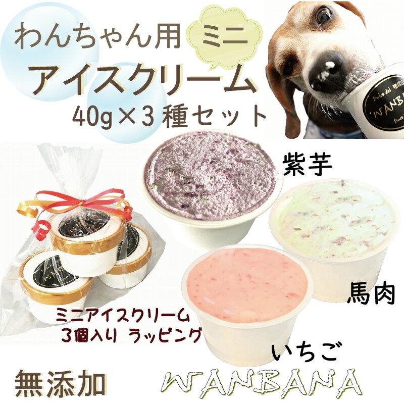 犬用のアイス クリーム 無添加 ミニサイズSサイズ40g イチゴ馬肉チップ・むらさき芋馬肉チップ・馬肉チップ 人気 3種類セット 熱中症対策 食欲不振 夏バテ 体温調節 ひんやり 冷たい 贈り物 ギフト 贈り物 プレゼント アレルギー対応 6600円以上送料無料 ワンバナ