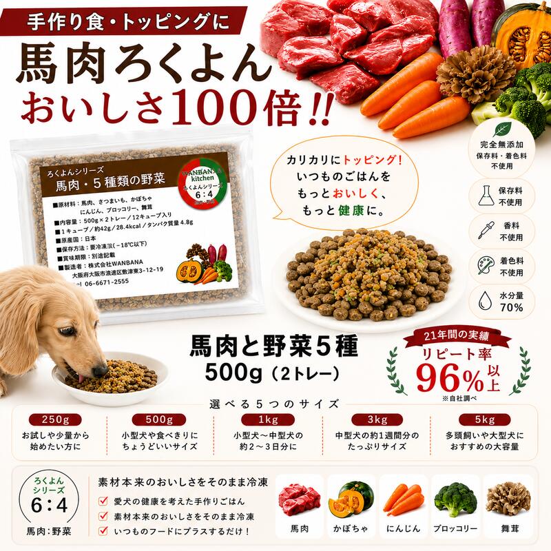 樂天商城 - 犬猫用厳選！ろくよん馬肉 6：5種の野菜4黄金比率 250g〜5kg トッピング材料や手作りごはんに 簡単レンチンOK 国産 無添加 毎日続けられる価格 健康寿命をのばす命と向き合い アレルギーのわんちゃんにパピーからシニアまで人間用の食材のみ使用