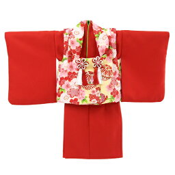 【レンタル】祝着 1歳 女の子 着物 二部式着物 被布セット「赤無地着物に黄色被布（桜と鞠）」ひな祭り 衣装 初節句