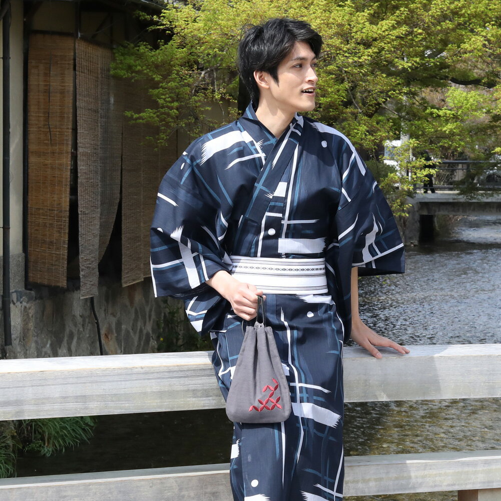 【11/20 20:00〜11/27 1:59まで最大2,000円OFFクーポン】浴衣 メンズ セット 男物高級綿浴衣3点セット「紺地に白・グレーの格子」父の日...