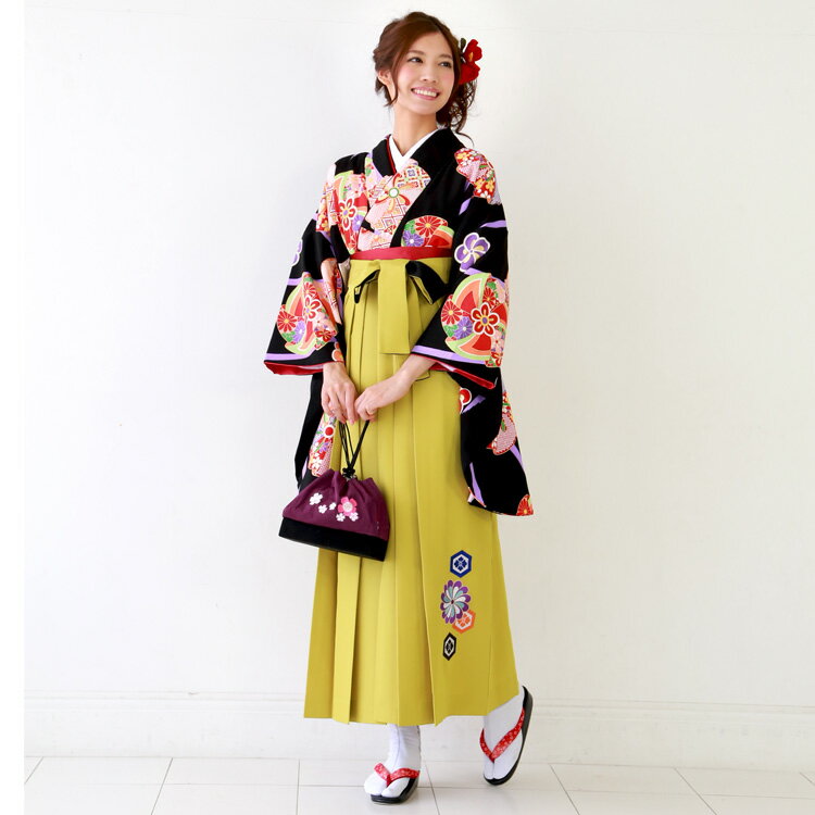 【8/13 10:00〜8/18 08:59まで最大2,000円OFFクーポン】【レンタル】卒業式 袴 レンタル 女 袴セット 卒業式袴セット2尺袖着物＆日本製袴 フルセットレンタル 安い 大学 小学生サイズあり レトロモダン 「黒地に古典花風車と紫縦縞」