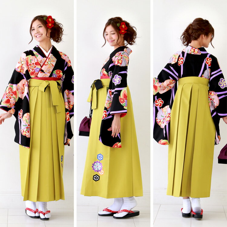 【8/13 10:00〜8/18 08:59まで最大2,000円OFFクーポン】【レンタル】卒業式 袴 レンタル 女 袴セット 卒業式袴セット2尺袖着物＆日本製袴 フルセットレンタル 安い 大学 小学生サイズあり レトロモダン 「黒地に古典花風車と紫縦縞」