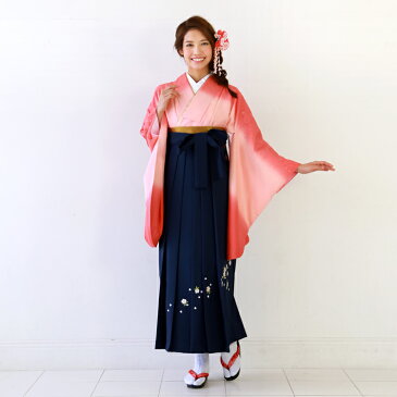 【最大2000円OFFクーポン】【レンタル】 卒業式 袴 レンタル 女 女性 レディース レトロ 袴セット 卒業式袴セット2尺袖着物&袴 フルセットレンタル 安い 大学 小学生サイズあり「サーモンピンクのぼかし地に金彩 桜」