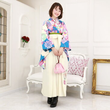 【最大2000円OFFクーポン】【レンタル】 卒業式 袴 レンタル 女 袴セット 女性 レディース 卒業式袴セット 2尺袖着物&袴 フルセットレンタル 「青地に鹿の子柄雲取りと菊・桜 花柄」 レトロ 大学 女 小学生サイズ対応 小学校 女の子 ジュニア 安い