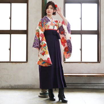 【販売】 袴 セット 卒業式 女性 4点フルセット 購入 卒業式袴セット 2尺袖着物&袴「オフホワイト地に花玉と鹿の子梅・桜」レトロ 大学 販売 安い 〔zu〕