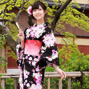 浴衣単品「黒地にピンク系流れ牡丹桜」【あす楽】