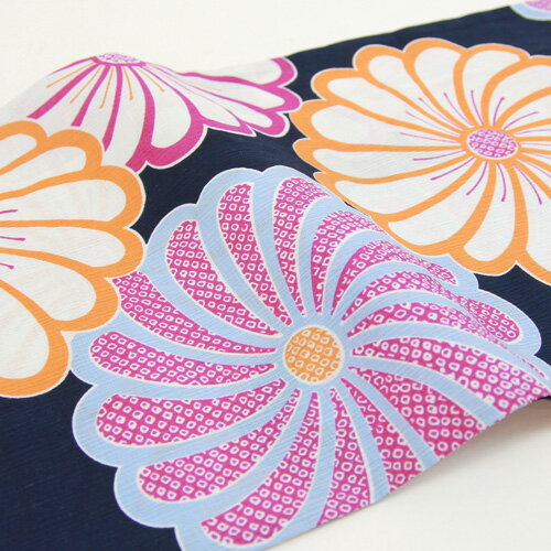 浴衣 セット レトロ 高級変わり織り綿麻浴衣3点セット「紺地にピンク・オレンジねじり菊」浴衣 紺 菊 レディース 古典柄 大人 モダン しっとり