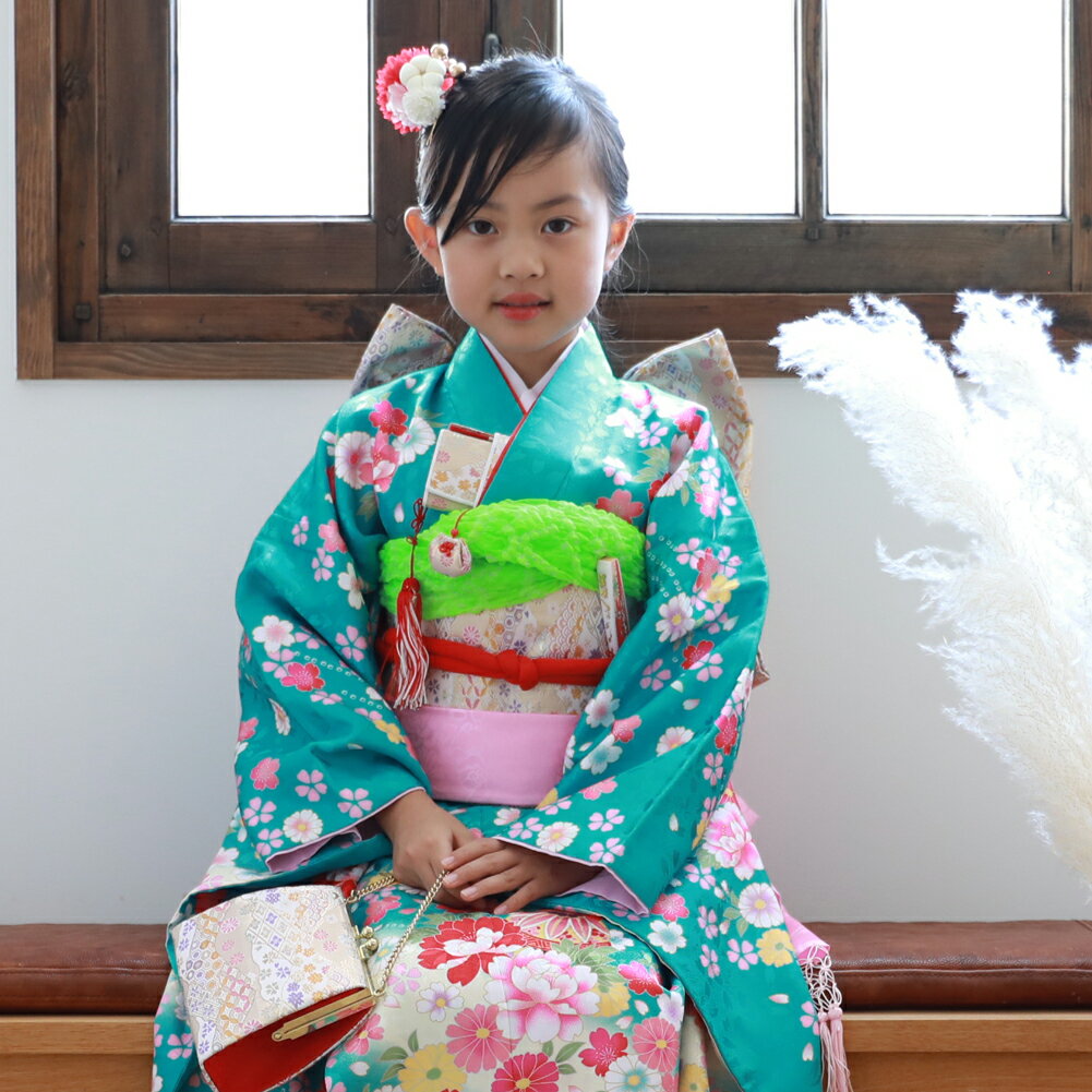 楽天和　なでしこ【レンタル】七五三 着物 7歳 レンタルフルセット 四つ身着物23点セットレンタル「グリーンにまり柄と花」 女の子 ひな祭り 雛祭り 衣裳 お正月 結婚式 発表会 晴れ着 レトロ おしゃれ かわいい
