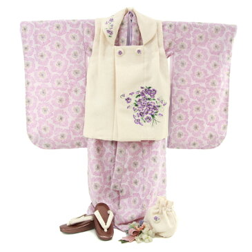 【レンタル】 七五三 着物 3歳 レンタル 女の子 被布着物10点セット 薄ピンク地に花 JILLSTUART モダン レトロ
