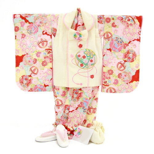 【12/4 20:00〜12/11 1:59まで最大2,000円OFFクーポン】【レンタル】 七五三 着物 3歳 レンタル 女の子 被布着物10点セット 赤地に...