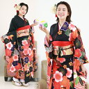 【最大20日間レンタル】 成人式 振袖 レンタル 23点フルセット 派手 「黒地に波とレトロ桜」 成人式 結婚式 フォーマル