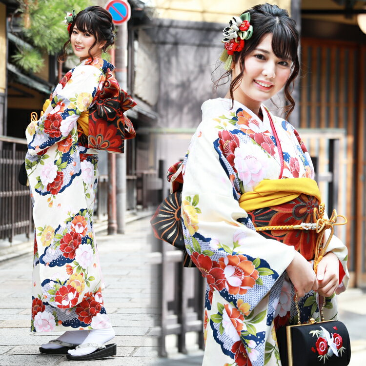 【レンタル】【4泊5日】 振袖 レンタル 20点フルセット 派手「クリーム地に桜と雲」 結婚式 フォーマル