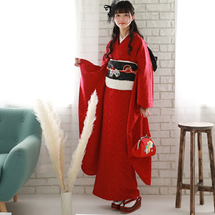 【販売】オリジナルコーディネート 振袖7点セット 販売 購入「赤地に花紋」振袖 セット 成人式 初詣 結婚式 小紋柄 古典柄 レトロ フォーマル 袋帯 長襦袢 帯締め 帯揚げ 重ね衿 しごき