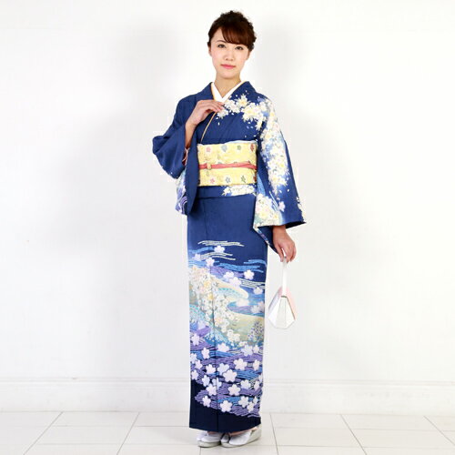 【レンタル】 正絹京友禅訪問着 レンタル 19点フルコーディネートレンタルセット 結婚式 七五三 入学式 着物 レンタル 母 母親 ママ 「青地にぼかし 桜と波 鹿の子」 30代 40代 50代