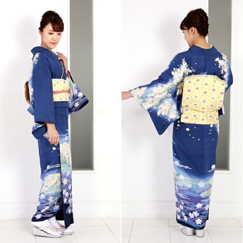 【レンタル】 正絹京友禅訪問着 レンタル 19点フルコーディネートレンタルセット 結婚式 七五三 入学式 着物 レンタル 母 母親 ママ 「青地にぼかし 桜と波 鹿の子」 30代 40代 50代