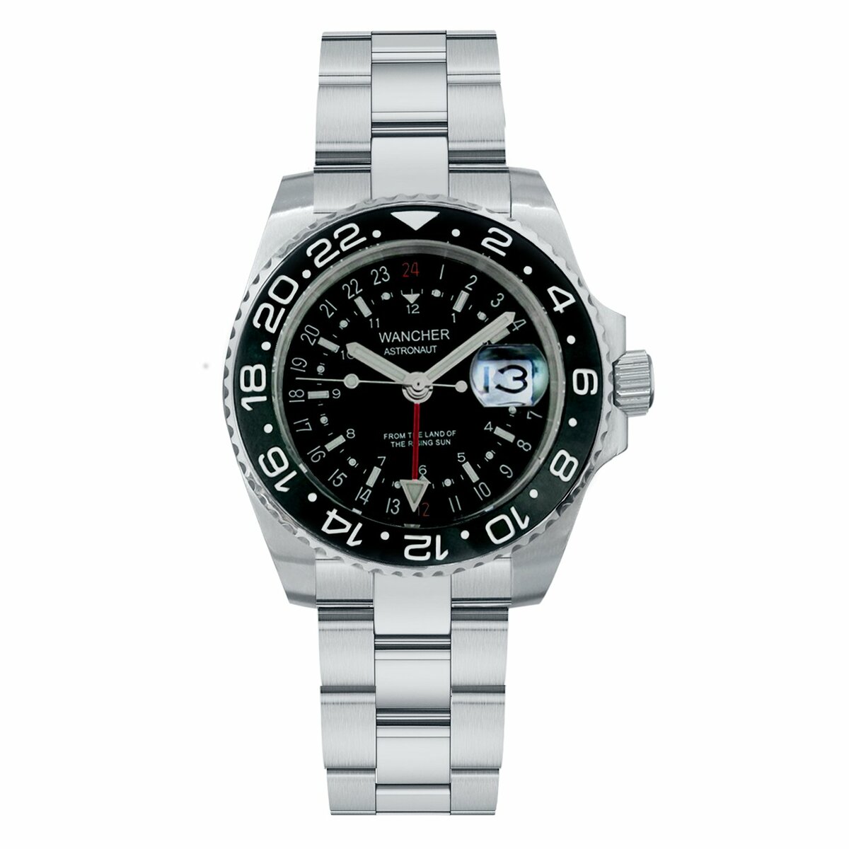 【送料無料】機械式自動巻き腕時計 WANCHER ASTRONAUT IIGMT 特殊文字盤採用 ブラック・グリーン ブレスレット