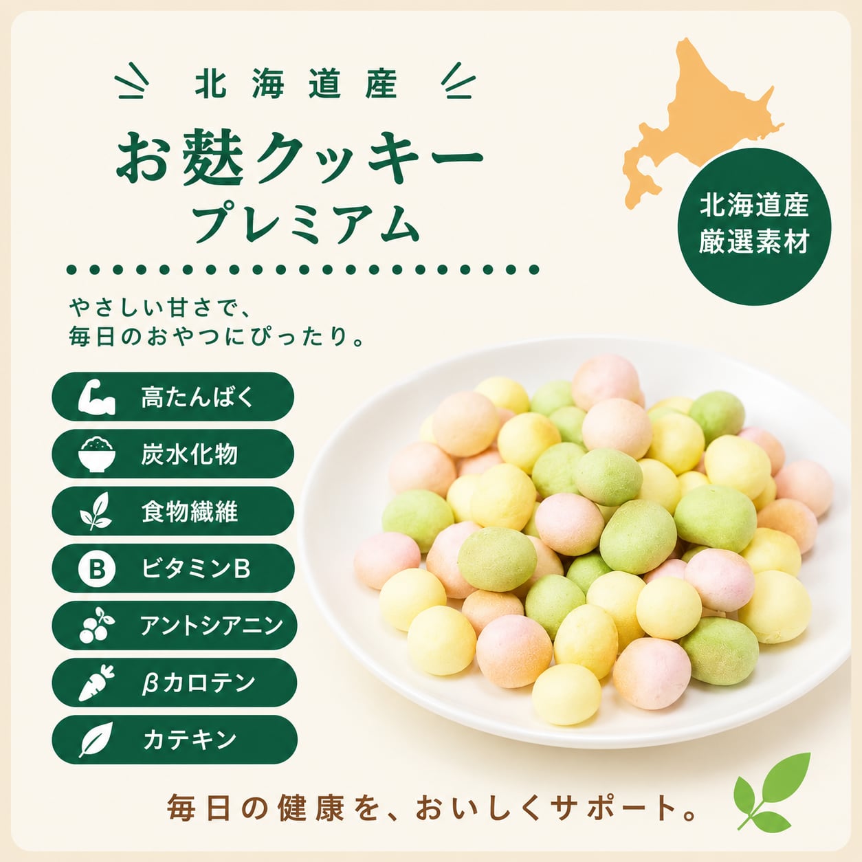 北海道産小麦「はるゆたか」を100％使用した、サクサク軽い食感のお麩のおやつです。 伝統ある京都の麩専門店で丁寧に発酵させた生地を、香ばしく焼き上げました。 さらに、健康素材として「うこん・アロニア・抹茶」を配合したプレミアムタイプ。植物発酵エキス・たもぎ茸もプラスし、毎日の健康と腸内環境に配慮しました。 サクッと軽く食べやすいので、パピーからシニアまで、ごほうびや毎日のトッピングにもおすすめです。 北海道産はるゆたか100％・無添加・無着色・獣医師監修。 「長生きしちゃっていいですか？」 毎日のおやつから、おいしく健康習慣を。★ヘルシーアニマルズの想い★「長生きしちゃっていいですか？」ヘルシーアニマルズは、“家族に食べさせたいものしか作らない”という想いから北海道で生まれた、犬・猫の健康と食を考えるペットブランドです。大切な家族が毎日口にするものだからこそ、北海道産を中心とした厳選素材にこだわり、おいしさと健康の両方を大切にした犬・猫用ペットフード、おやつ、サプリメントづくりを続けています。素材本来のおいしさや栄養を大切にし、無添加・無着色、ヒューマングレードの食材を使用。獣医師監修のもと、パピー・子犬・子猫から成犬・成猫、シニア犬・シニア猫まで、毎日の食事やおやつとして続けやすい商品づくりを目指しています。北海道産エゾ鹿肉や北海道産の魚など、北海道ならではの素材も積極的に活用し、愛犬・愛猫の毎日の健康維持と食生活をサポートします。 「おいしく食べること、健やかに過ごすこと、そして大切な家族と一日でも長く楽しい時間を重ねてほしい。おやつの時間も、未来の健康につながる時間へ。そんな願いを込めて、ヘルシーアニマルズはひとつひとつの商品を丁寧につくり、お届けしています。」