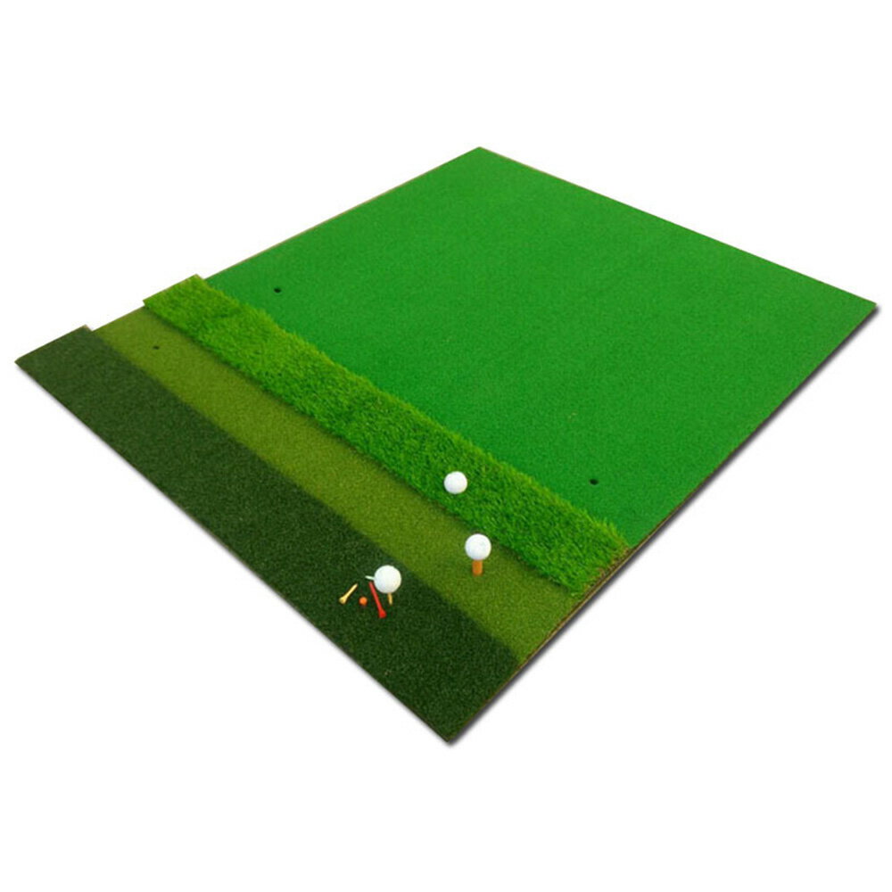 苦手なショットを克服！4種の芝で本格ゴルフ練習マット登場！ ＼ おうちで簡単にスコアアップ練習！ ／ リアルな芝感を再現した【本格派ゴルフマット】で、ドライバー・アイアン・ラフショットまでしっかり練習！ ・4種類の芝を1枚に凝縮！ ティーグラウンド（2種）・フェアウェイ・ラフを1枚に！ 打感の違いを実感でき、より実践的な練習が可能 初心者～上級者まで幅広く対応 ・右打ち・左打ちどちらもOK！ 両端にティー穴付きで、右利き・左利きどちらにも対応！ ・フェアウェイ対応ゴムティー2本付き！ ドライバーの練習に最適！ ゴムティーは差し込み式でしっかり固定！ ・耐久性＆安全性もバッチリ！ 裏面は伸縮性のある高品質ゴム素材を使用 曲がってもすぐ元通り！しっかり地面にフィット 室内でも滑りにくく、安心して使えます ・ドライバー・アイアン・ラフショット全部対応！ 自宅・室内・ベランダ・ガレージに設置OK 天候を気にせず、ゴルフ場に行けない日でもスキルアップ！ 【商品詳細】 サイズ：約150cm × 約100cm 重量：約4.1kg 付属品：差し込み式ゴムティー ×2本