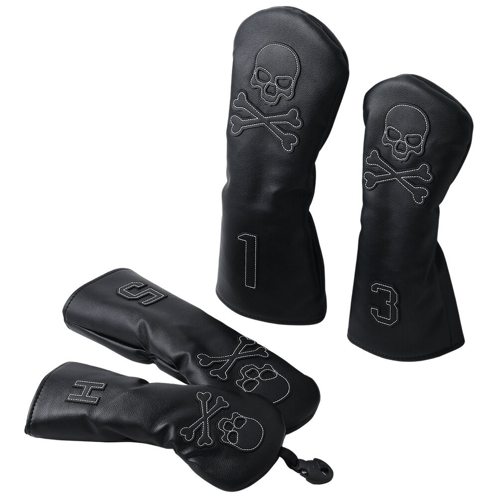 ゴルフクラブカバー ヘッドカバー ゴルフ 4種 番手表記付き 1番 3番 5番 UT スカルデザイン ブラック メンズ レディース ドライバー用 フェアウェイ用...