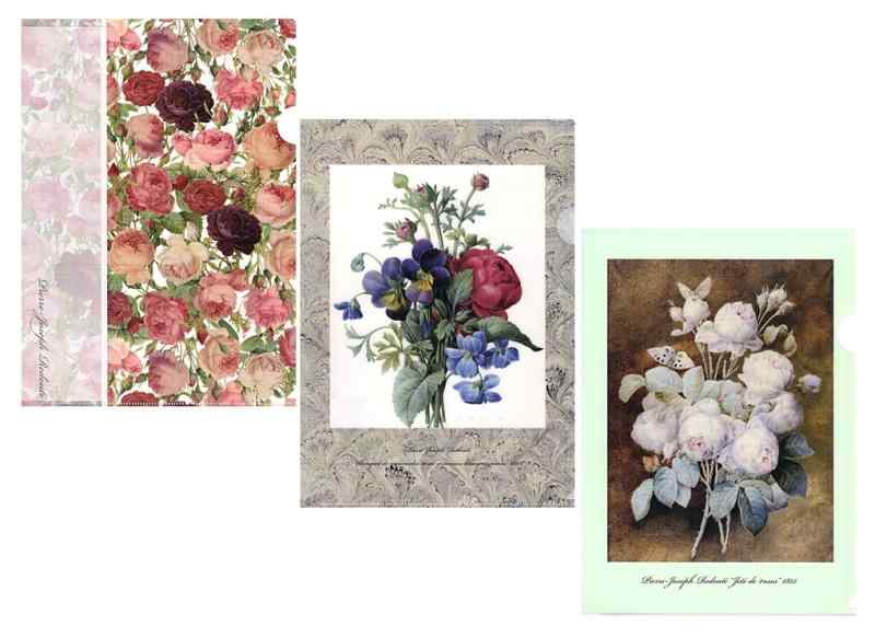 ルドゥーテ クリアファイル セット1 A4:3枚(チンツ、赤のラナンキュラス・紫と黄色のパンジーの花束、バラのブーケ) APS01