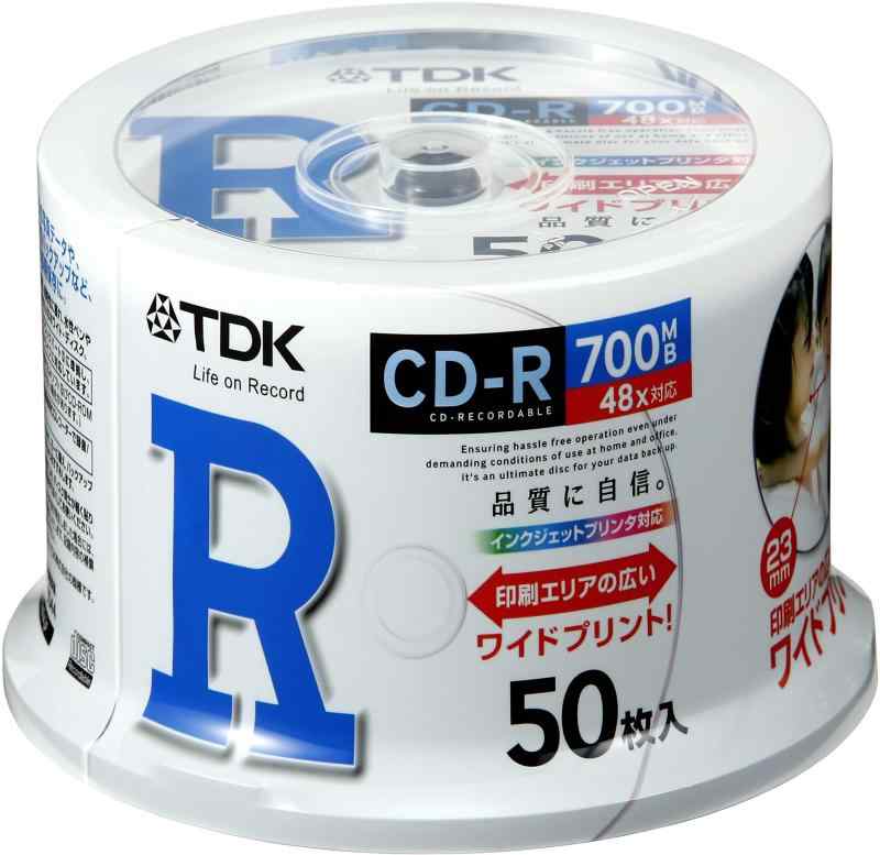 TDK データ用CD-R 700MB 48倍速対応 ホワイトワイドプリンタブル 50枚スピンドル CD-R80PWDX50PA