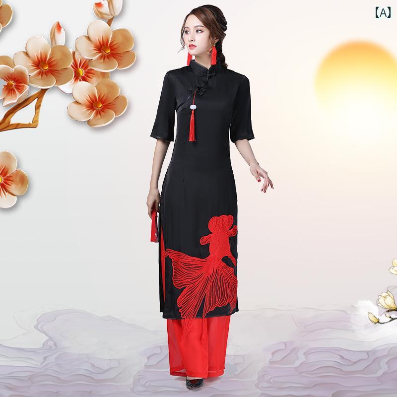 アオザイ 衣装 ドレス 半袖 チャイナ風 レディース 民族衣装 ステージ コスチューム ベトナム ワイドレッグ パンツ