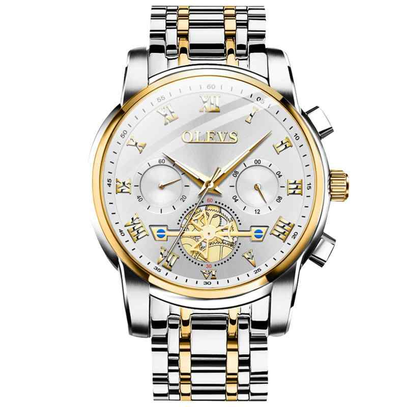 RORIOS腕時計メンズ アナログクォーツウォッチ 夜光ウォッチ スケルトン装飾 クロノグラフ 男性腕時計 ビジネス ステンレス鋼バンド