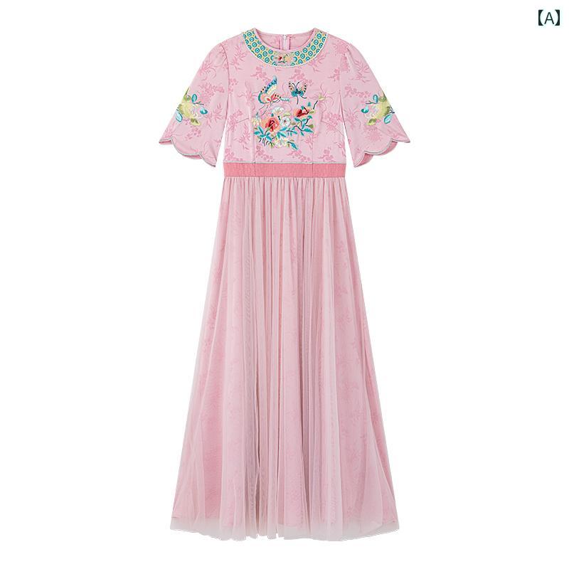 レディース ファッション 中国 夏 刺繍 スリム ドレス