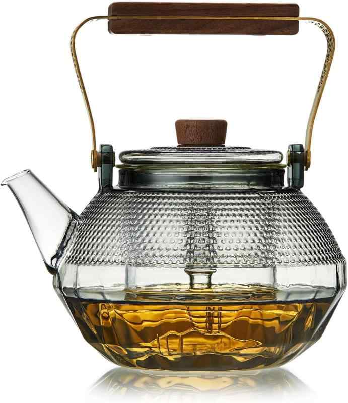 ポカロティー 布団型 ティーポット 耐熱ガラス おしゃれ 蒸し茶と煮茶の両方に使えます 直火対応 満水容量1140ml 上手型持ち手 茶色 槌目 glassteapot 紅茶 日本茶 中国茶 来客用