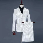 メンズ 黒白 ストライプ ダブルブレスト パフォーマンス スーツ シンガー イブニング ホスト 司会者 フォト スタジオ 大きめサイズ