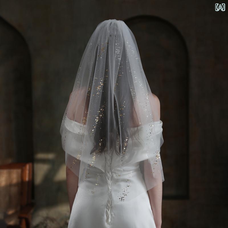 ブライダル アクセサリー ウェディング パーティー 結婚式 花嫁 婦 小物 フレンチ ホワイト 単層 ベール ゴールドグリッター フォト 帽子