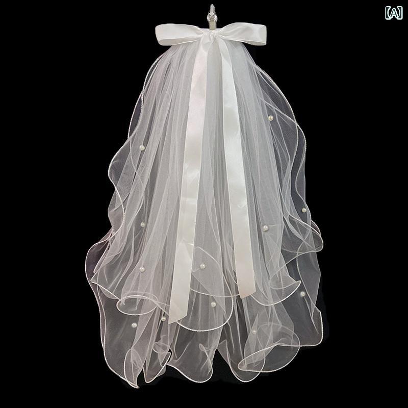 フランス 花嫁 結婚 小め ベール ショート リボン 発光 ヘッド ドレス シンプル 写真 パール