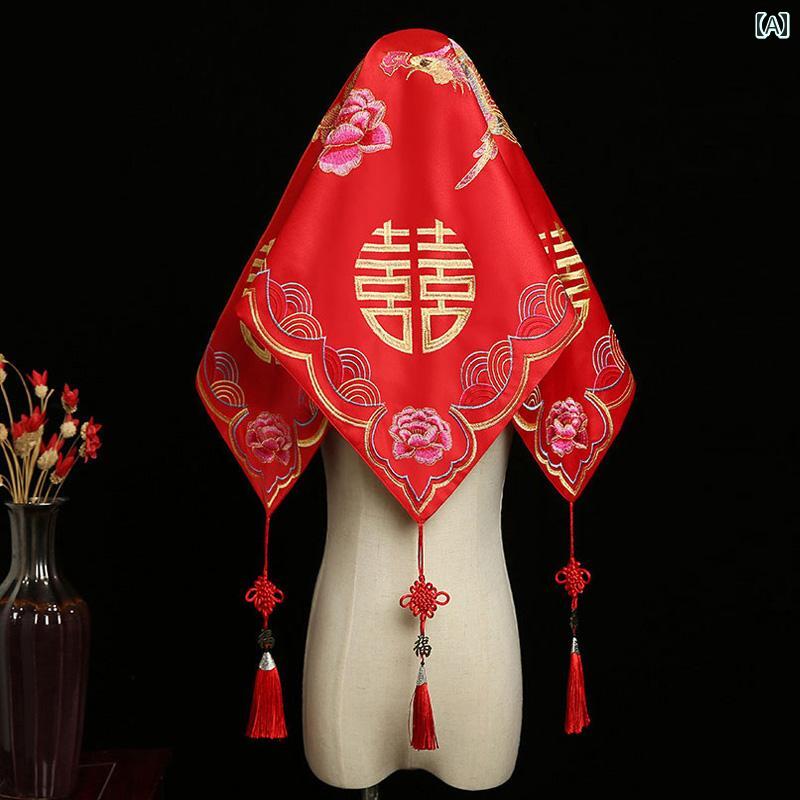 赤 ヒジャブ 花嫁 結婚式 中国 ドレス 頭飾り スカーフ 覆われて 大きめ 赤 ベール 刺繍