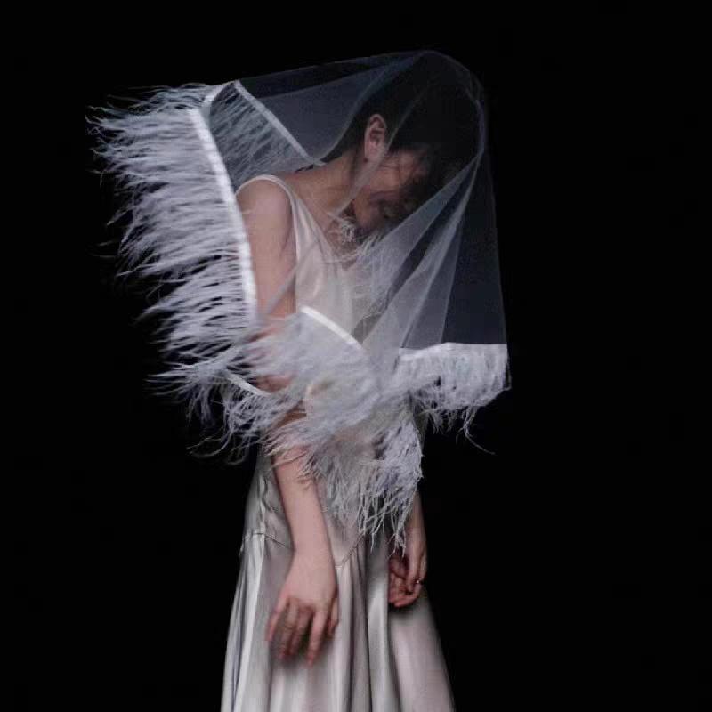 ブライダル アクセサリー ウェディング パーティー 結婚式 花嫁 婦 小物 ベール フェザー 白 単層 ベール 韓国 写真撮影 写真 ベール