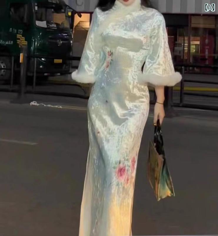 レディース ファッション スパークリング チャイナ風 袖 スリムフィット チャイナ ドレス 緩やか 長袖