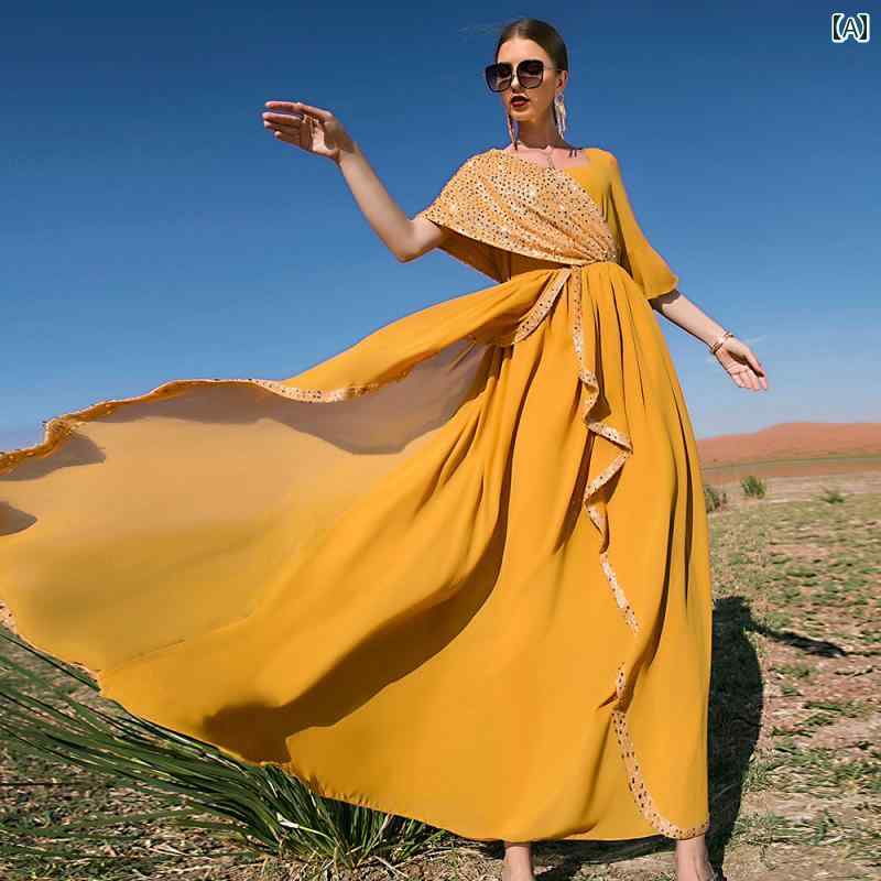 レディース ファッション オレンジ スパンコール キラキラ キラキラ 裾大 スカート ドバイ アラビアン エスニック ロング スカート