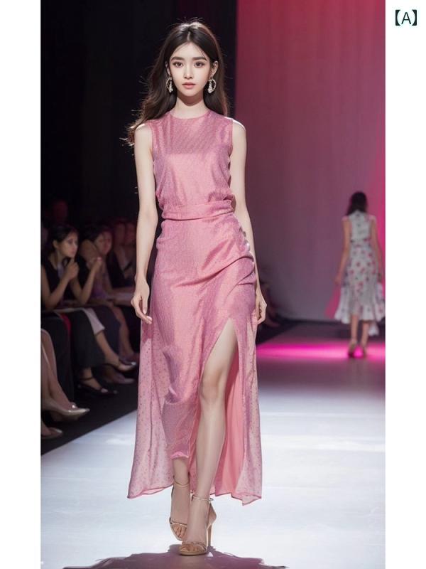 レディース ファッション 美しい ドレス 春 コーヒー ブレイク フレンチ ピンク ノースリーブ スリット ドレス