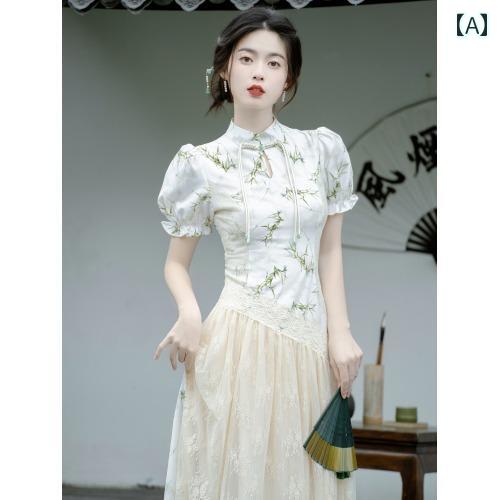 レディース ファッション 中国 エレガント デイリー チャイナ ドレス 小さめ フレッシュ 花柄 ドレス 着た 着