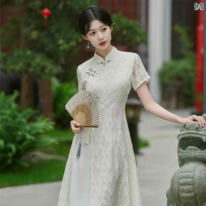 レディース レース チャイナ ドレス 少女 普段使い 夏 中国 刺繍 ウエスト アオザイ ドレス