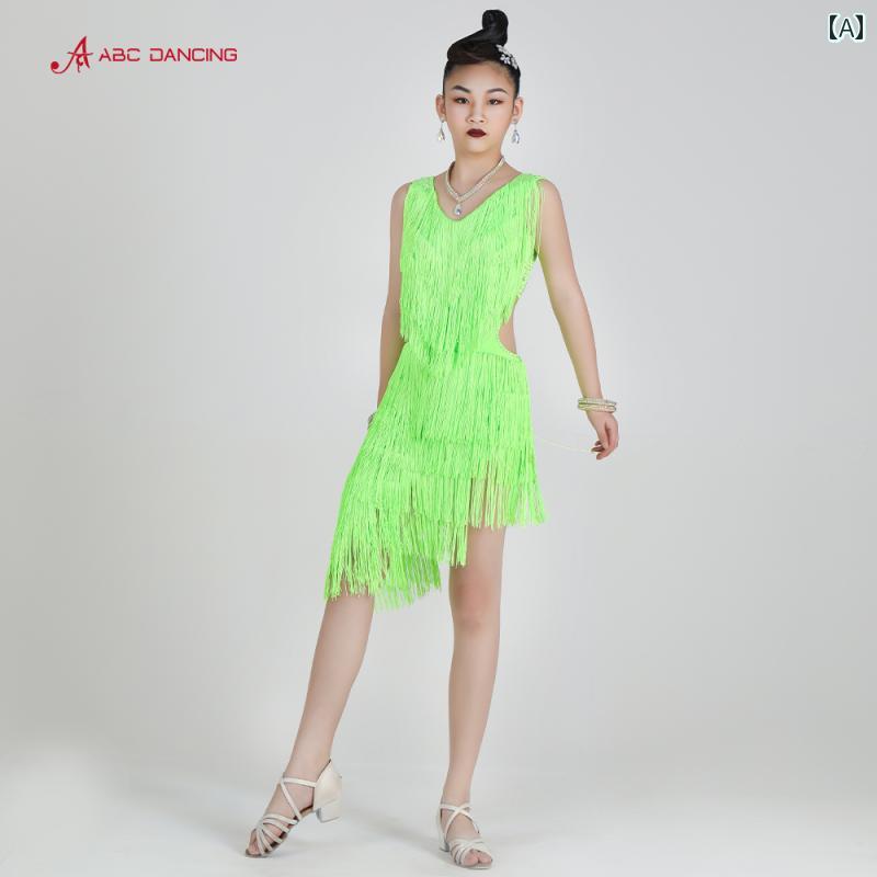 ダンス 衣装 パフォーマンス ステージ 緑 競技 フラッシュ タッセル ドレス アート フラワー スカート レディース 子供