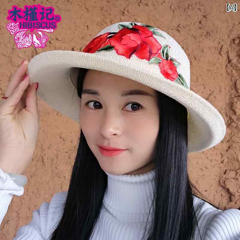 帽子 レディース 新 中国 エスニック カジュアル 刺繍 ドーム サンハット 日焼け防止 バケット ハット