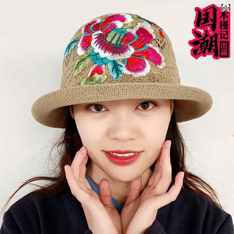 帽子 レディース 春夏 中国 エスニック 刺繍 花 折りたたみ ニット 小さめ カール 日焼け防止 バケット ハット