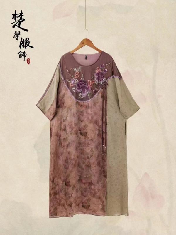 レディース ファッション 刺繍 中国 エスニック アンティーク レトロ プリント 薄手 半袖 ドレス ローブ