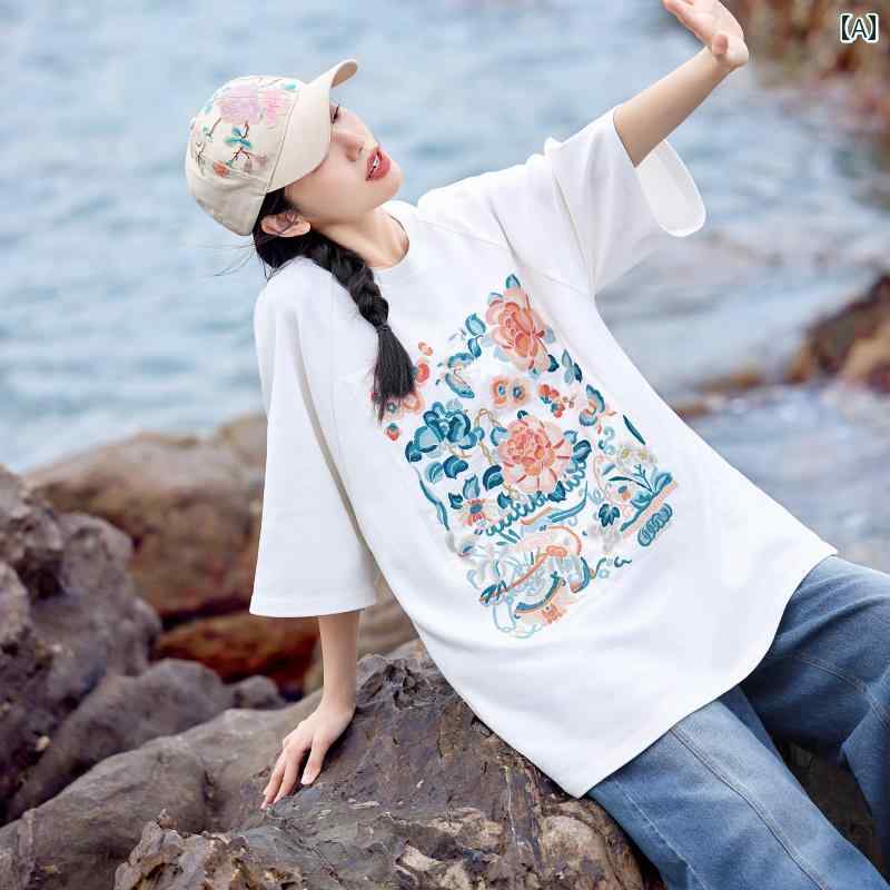 レディース ファッション 花 トレンド シリーズ 刺繍 Tシャツ 中国 半袖 トップスス