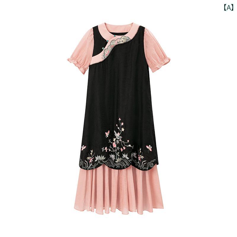 レディース ファッション ピンク 夏 ゆったり レトロ 刺繍 フェイク セットアップ ドレス
