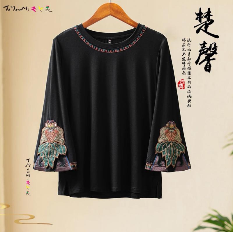 レディース ファッション チャイナ風高 ストレッチ 竹 繊維 ラウンドネック 金魚 刺繍 九分袖 シャツ