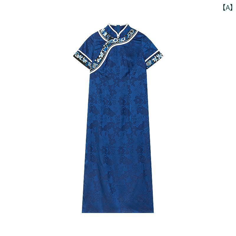 レディース ファッション 中国 青 白 レトロ チャイナ風 刺繍 スリム チャイナ ドレス