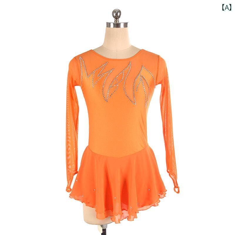 フィギュア スケート 衣装 子供 女子 大人 レディース 服 パフォーマンス 服 競争 スカート オレンジ